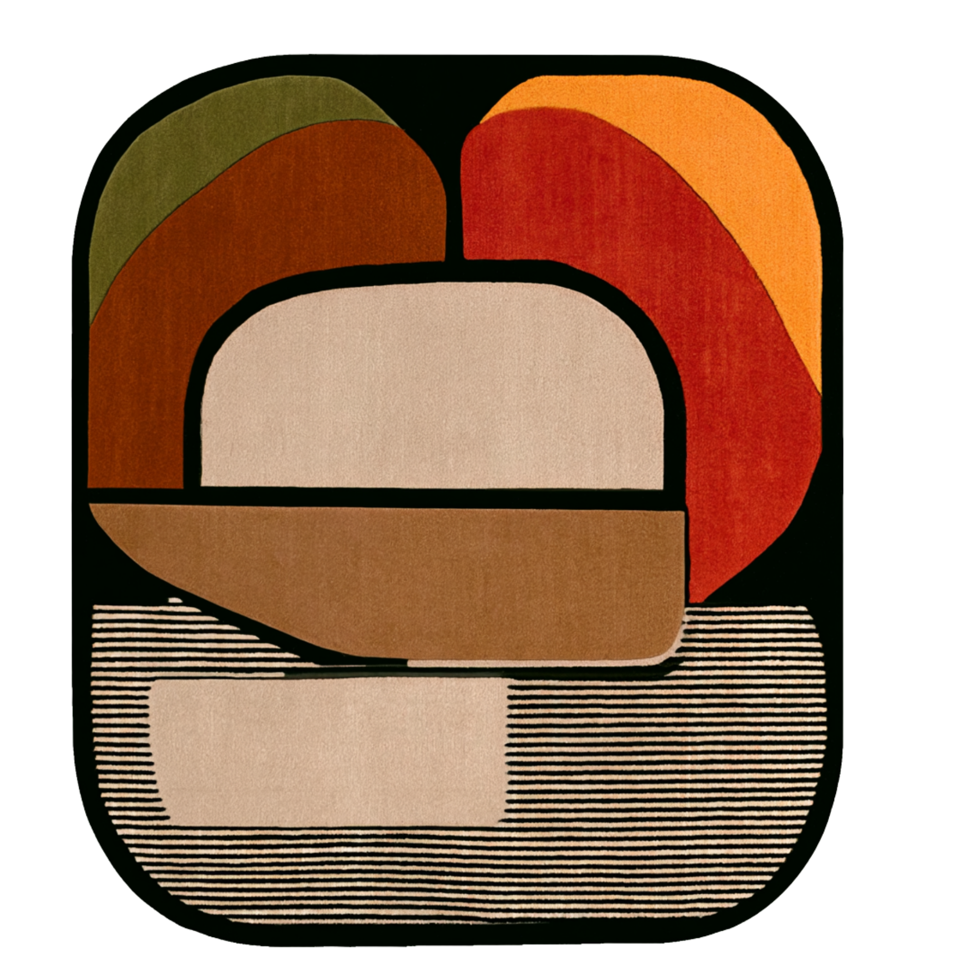 Arc hand-tufted wool and bamboo silk rug with rust, sage green, and cream geometric shapes over black and white stripes by houseofdecor.ae.