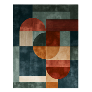 The Axis modern geometric rug by houseofdecor.ae, hand-tufted in India with premium wool and shimmering bamboo silk in terracotta, dark teal, ochre, and sage green.