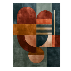 The Capsule modern geometric rug by houseofdecor.ae, hand-tufted in India with premium wool and shimmering bamboo silk in terracotta, dark teal, ochre, and sage green.