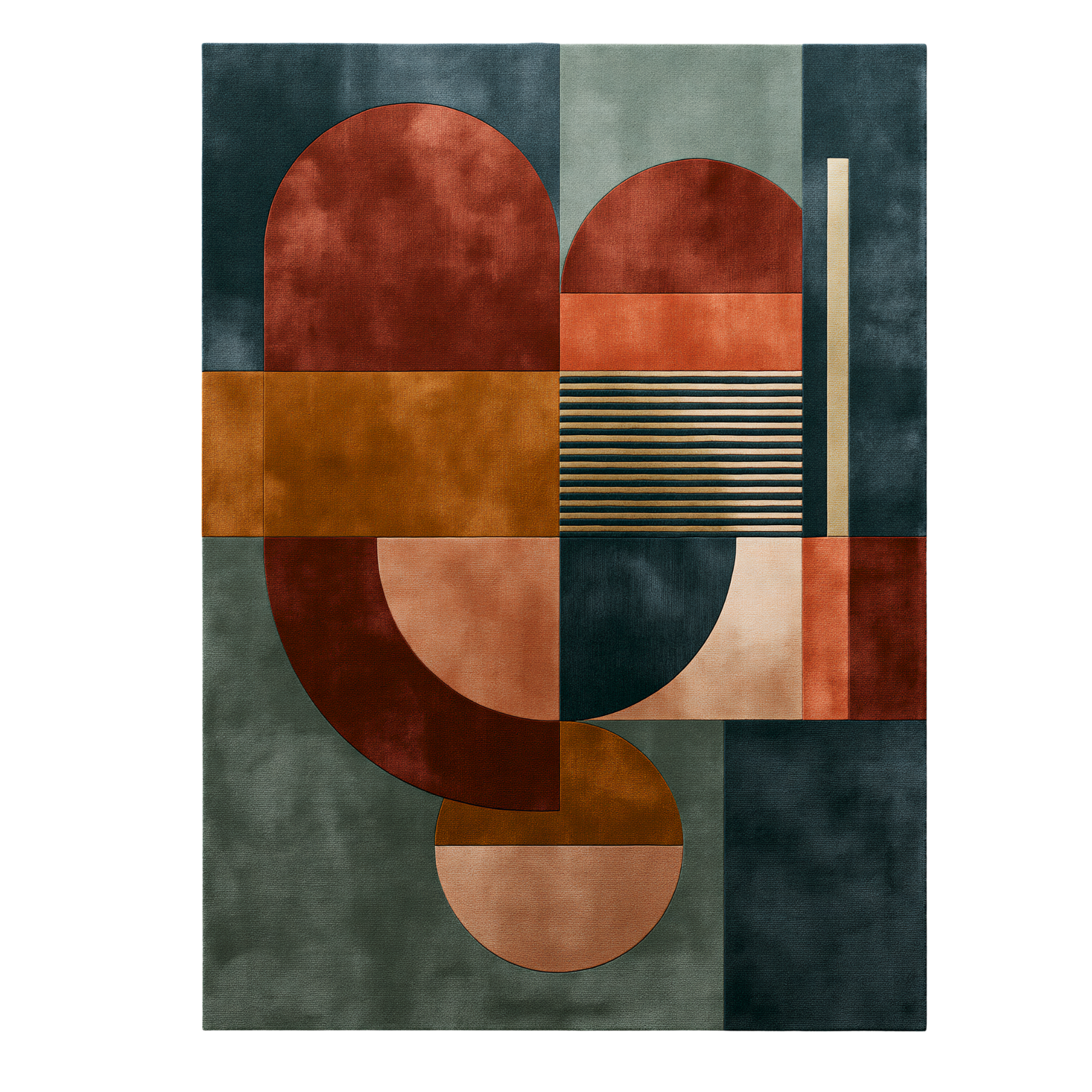 The Capsule modern geometric rug by houseofdecor.ae, hand-tufted in India with premium wool and shimmering bamboo silk in terracotta, dark teal, ochre, and sage green.