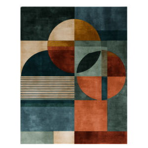 The Horizon Line modern geometric rug by houseofdecor.ae, hand-tufted in India with premium wool and shimmering bamboo silk in terracotta, dark teal, ochre, and sage green.