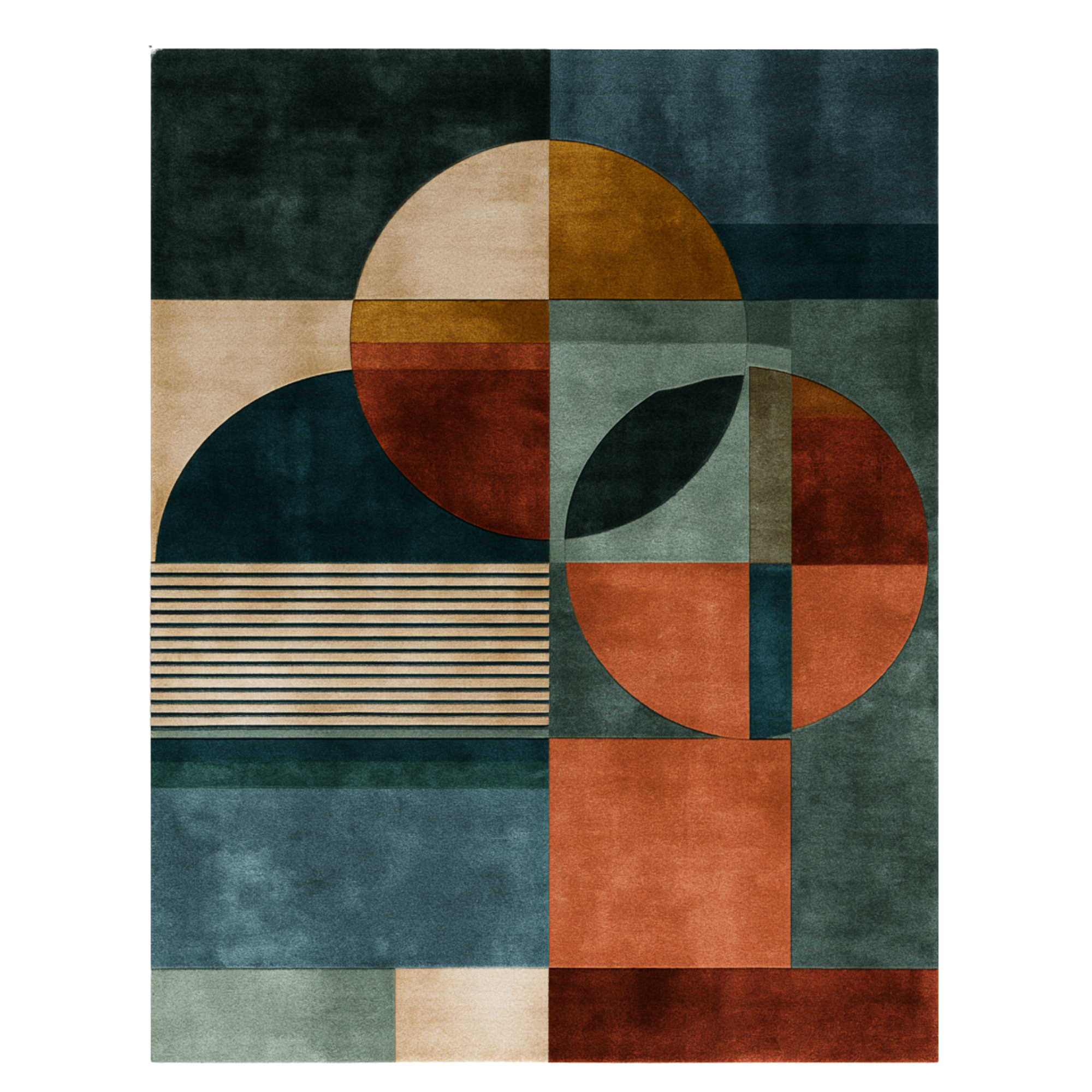 The Horizon Line modern geometric rug by houseofdecor.ae, hand-tufted in India with premium wool and shimmering bamboo silk in terracotta, dark teal, ochre, and sage green.