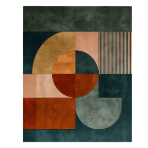 The Radial Shift modern geometric rug by houseofdecor.ae, hand-tufted in India with premium wool and shimmering bamboo silk in terracotta, dark teal, ochre, and sage green.