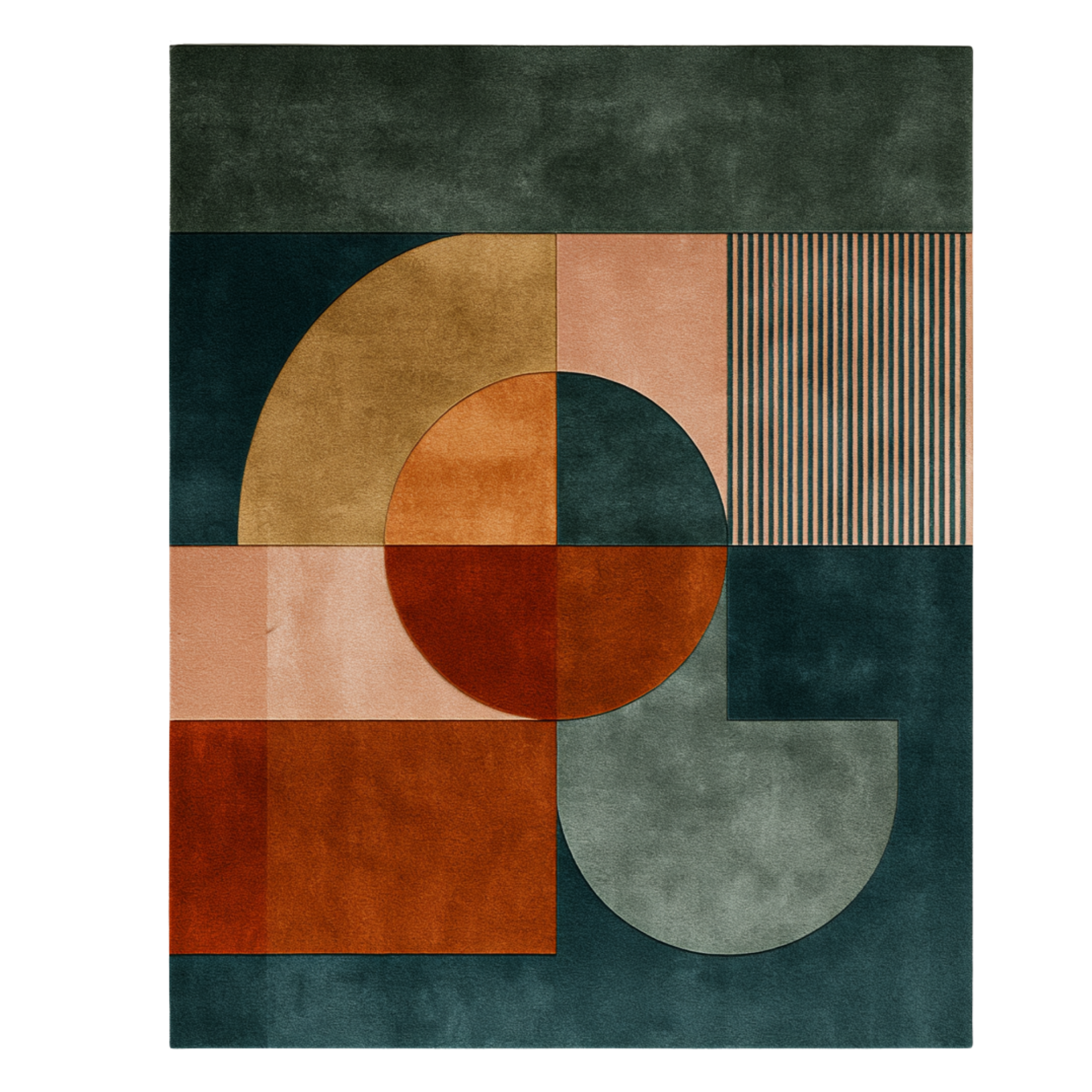 The Radial Shift modern geometric rug by houseofdecor.ae, hand-tufted in India with premium wool and shimmering bamboo silk in terracotta, dark teal, ochre, and sage green.
