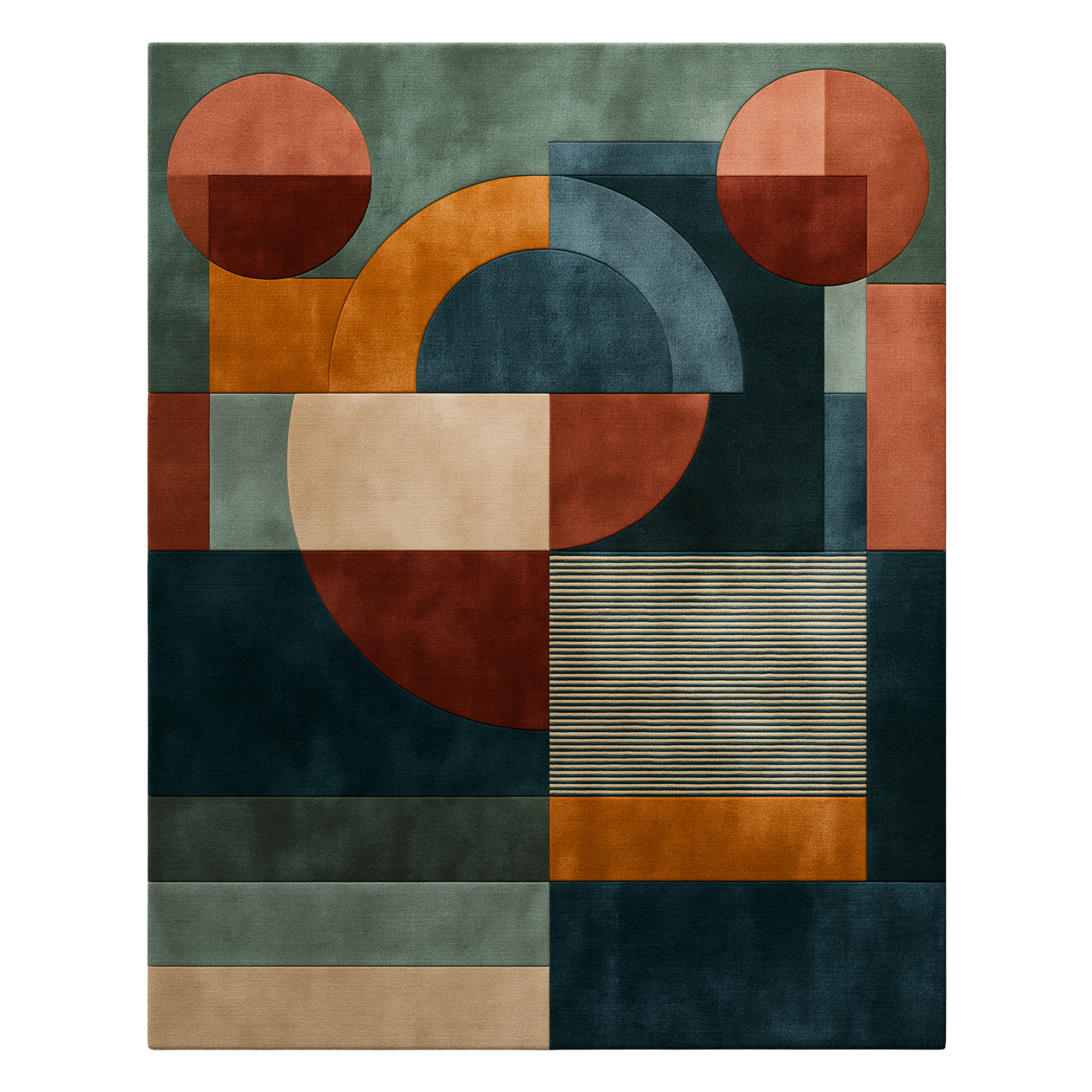 The Sector modern geometric rug by houseofdecor.ae, hand-tufted in India with premium wool and shimmering bamboo silk in terracotta, dark teal, ochre, and sage green.